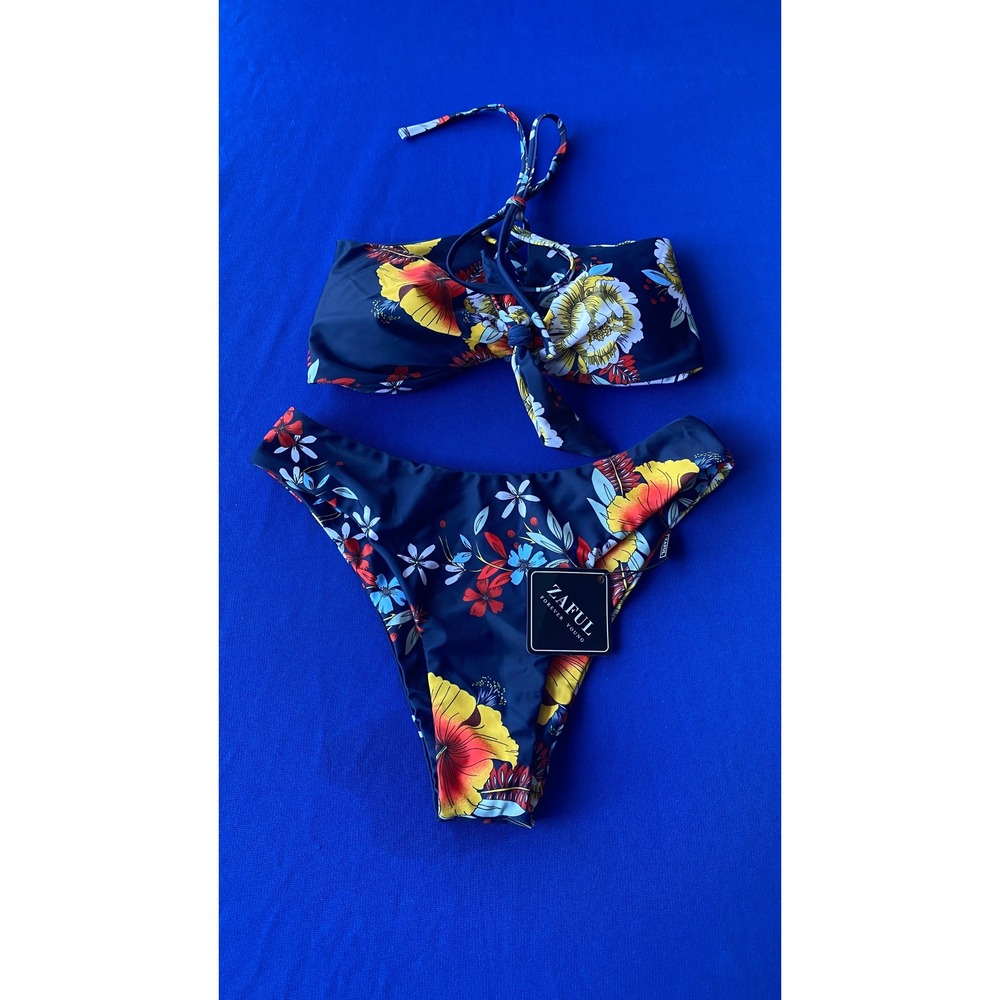 ZAFUL 2Piece Navy Floral Bikini Size Small New With Tags Tropical Hibiscus Print